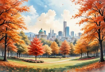 A watercolor painting of autumn trees and city landscape