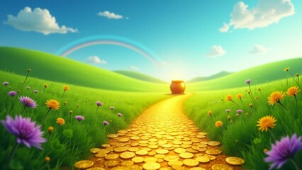 Fototapeta premium A sparkling golden path leads through a lush meadow to a pot of gold, surrounded by wildflowers and a rainbow, capturing the magic and prosperity of St. Patrick’s Day.