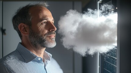 Businessman Contemplating Cloud Technology in Modern Office Setting