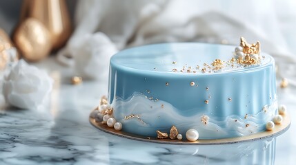 A stunning pastel blue mirror glaze mousse cake with a perfect reflective surface, accented with shimmering gold flakes and pearls,