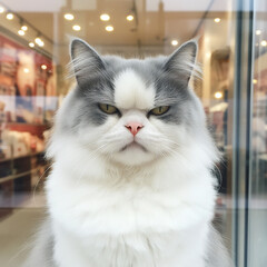 Fototapeta premium Grumpy grey and white cat looking through glass.