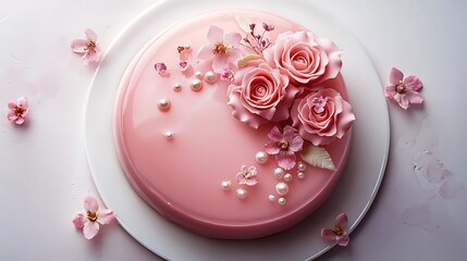 A top-down view of a glossy light pink mirror glaze mousse cake, decorated with edible roses and sugar pearls, positioned on a clean white surface with soft diffused lighting highlighting the details.