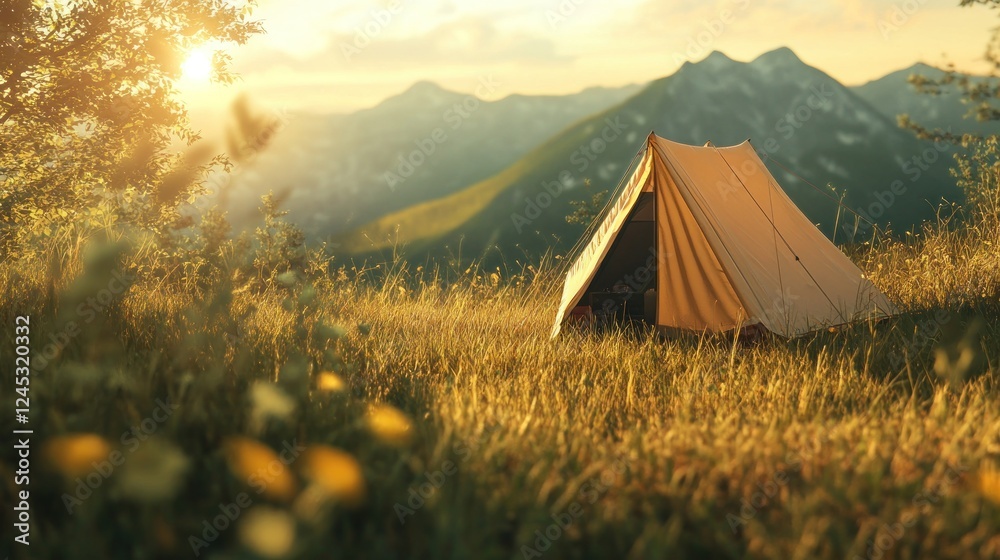Poster a serene camping scene with a tent set against a backdrop of mountains and sunset light.