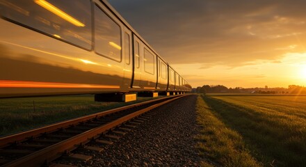Naklejka premium Golden Hour Train Journey: A Scenic Sunset Ride