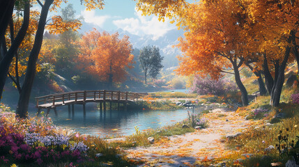 Trail path bridge fall forest with tall autumn trees, beautiful forest scene with a wooden bridge covered by autumn leaves, tranquil autumn lake surrounded by colorful trees.
