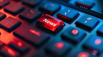 Breaking News and Digital Media Concept with Tech Keyboard   Closeup of Red News Button on Modern Computer Keyboard Surrounded by Electronic Devices