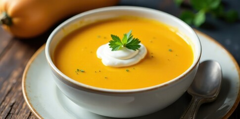 Velvety-smooth butternut squash soup served in a white ceramic bowl with a dollop of cr?me fra?che on top, squash, served