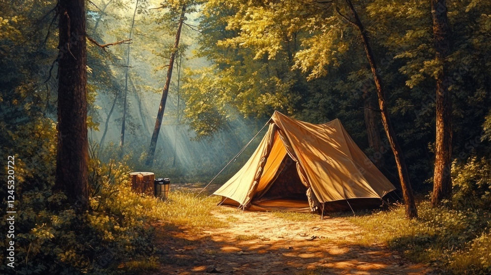 Poster A serene camping scene with a tent surrounded by trees and soft sunlight filtering through.