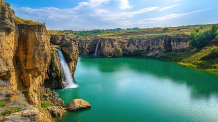 Turquoise lake, waterfalls, rocky cliffs, sunny day, nature landscape, travel
