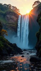 Victoria Falls at dawn with sunlight peeking through the mist, natural light, sunlight