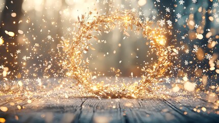 Naklejka premium Magical Winter Wreath Festive Lights Sparkling Snow Holiday Background