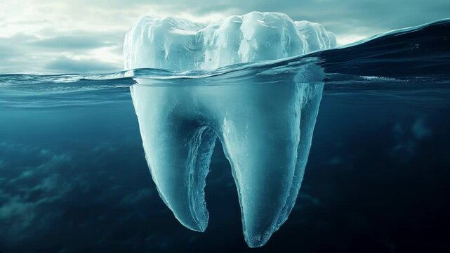 Looped footage. Ice tooth. Dental background - tooth made in iceberg form in deep ocean. Concept for dentist clinic.