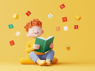 Happy child enjoying reading, immersed in a world of letters and cubes, symbolizing the joy of learning and imagination