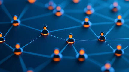 A close-up view of interconnected nodes with glowing orange elements on a blue background, representing a digital network or communication system.