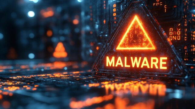 Futuristic Digital Malware Alert Warning Sign. Generative AI