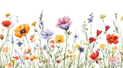 Beautiful seamless floral water color pattern Set, watercolor wild flowers, leaves and grass,Collection botanic garden elements, isolated illustration in rustic or vintage style,copy space.