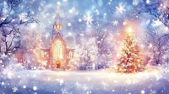Magical Christmas Eve Church Snow Tree Winter Wonderland