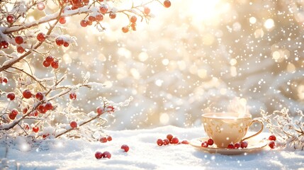 Fototapeta premium Winter Wonderland Hot Tea Snow and Berries