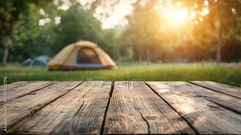 Aufkleber a serene campsite with a tent and a wooden table in a sunlit forest setting.