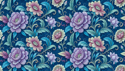Fototapeta premium beautiful watercolor floral elegant swirls damask fabric seamless pattern of hand drawn flowers