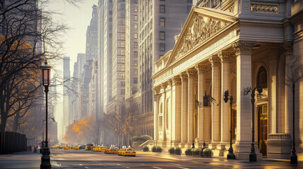 A regal stone edifice with an impressive colonnade, exuding power and sophistication, set in a lively metropolitan environment