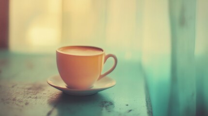 Obraz premium A serene cup of coffee on a saucer, bathed in soft natural light by a window.