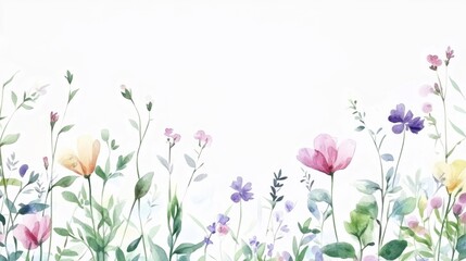 Beautiful seamless floral water color pattern Set, watercolor wild flowers, leaves and grass,Collection botanic garden elements, isolated illustration in rustic or vintage style,copy space.