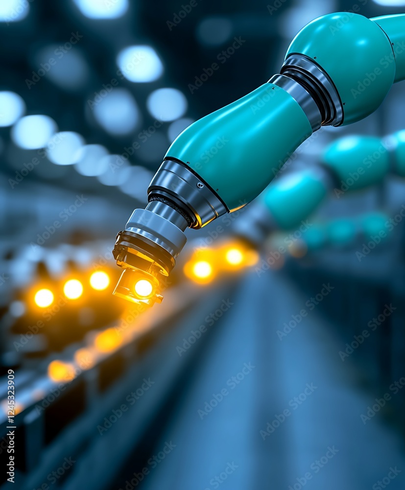 Poster teal robotic arm in factory setting performing precision task