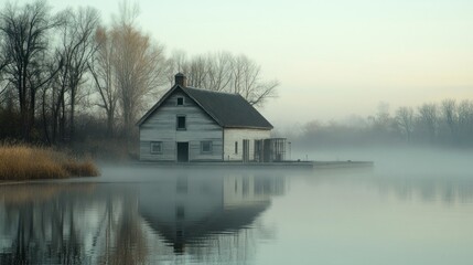 Fototapeta premium A serene foggy landscape featuring a rustic house by a calm lake.