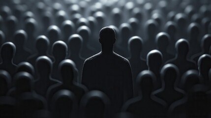 Obraz premium Colorful silhouette pf person standing in monochrome crowd of different people,surreal unique and different concept,loneliness in society,shadow,freedom,Love,be yourself,Stand out from the crowd.