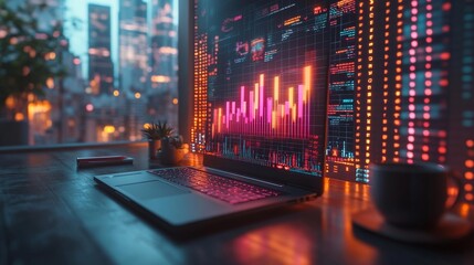 Laptop with Stock Market Graph on Screen in a City Setting. Generative AI