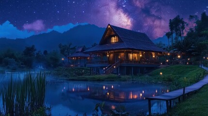 A serene lakeside cabin under a starry night sky, evoking tranquility and nature's beauty.