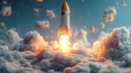 Small Rocket Ship with Yellow Flame Lifting Off from Clouds in Space. Generative AI