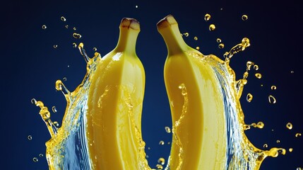 Two bananas splashing in liquid, dark background, healthy food ad