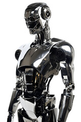 Fototapeta premium Chrome Robot: A futuristic android, highly detailed, standing against a white background