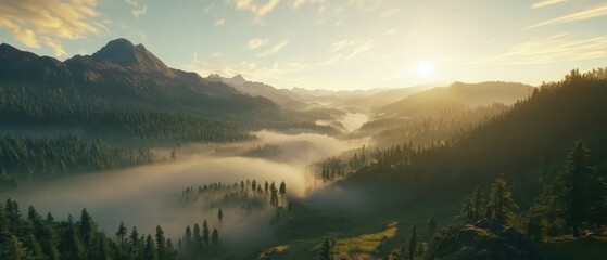 Natural transpiration Concept. Serene landscape at dawn with fog, mountains, and a rising sun over a lush green valley.
