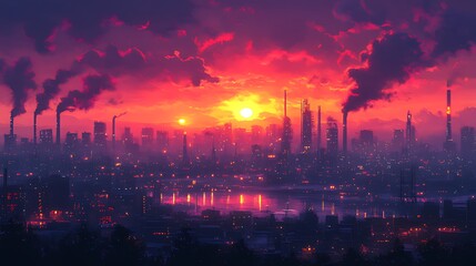 Fototapeta premium Sunset industrial city pollution landscape artwork