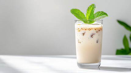 refreshing iced coffee drink with milk and mint leaves in clear glass on bright surface. drink is topped with frothy milk and garnished with fresh mint, creating cool and inviting appearance