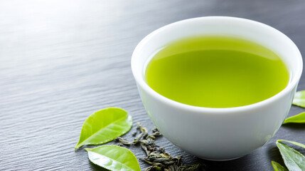 steaming cup of vibrant green tea sits on dark wooden table, surrounded by fresh green tea leaves, creating refreshing and calming atmosphere