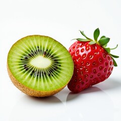 Half-cut green kiwi fruit with black seeds and a whole red strawberry, isolated on white background