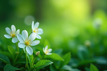 Delicate white flowers blooming amidst lush greenery, , blooming, floral