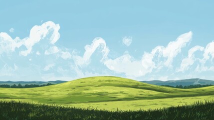 Obraz premium A serene landscape featuring rolling green hills under a bright blue sky with fluffy clouds.