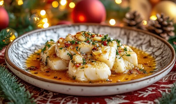 Bacalao al pil pil traditional tapa from north Spain. Codfish cooked with a delicious sauce made with oil- codfish and garlic. Christmas food served on a table decorated with Christmas motifs
