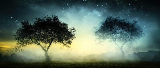 Naklejka premium Natural transpiration Concept. Mysterious misty landscape with two silhouetted trees against a gradient sky, evoking a sense of calm and tranquility.