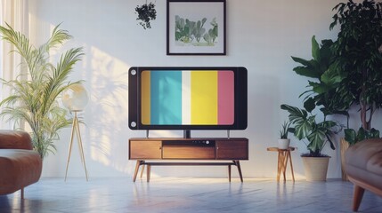 Retro tv with no signal message,vintage style tv with antenna, test pattern Vector stock,3D Illustration of old style wooden case TV,monitor with a rainbow,TV does not receive tv signal.