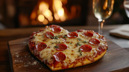 Heart-shaped pepperoni pizza by fireplace with wine.