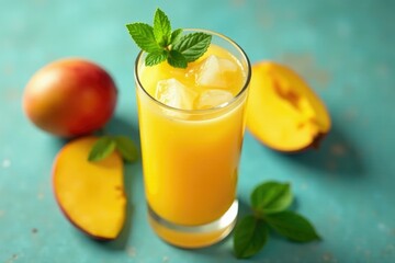 Overhead shot of mango juice glass filled with ice and garnished with mint, cool, clear, mango