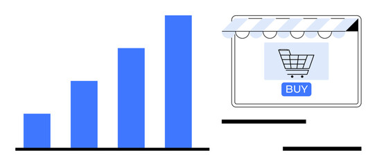 Bar graph illustrating upward trend next to a computer screen with an online store and shopping cart icon. Ideal for e-commerce, sales strategy, business growth, online shopping, digital marketing