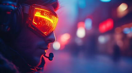 Futuristic Man Wearing Goggles in City Lights
