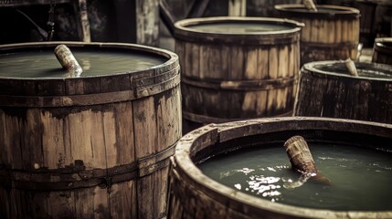 Fototapeta premium Rustic wooden barrels filled with aging liquids in distillery setting